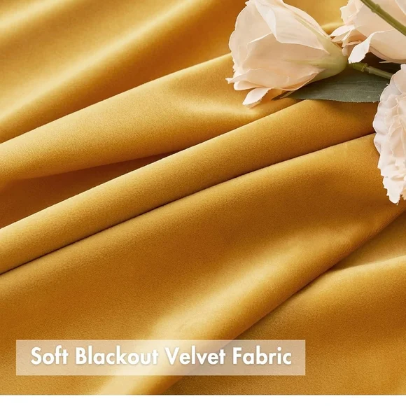 Miulee 63x52 Velvet Pom Pom Mustard Yellow Curtains Room Darkening Thermal Set 2 - Picture 5 of 10